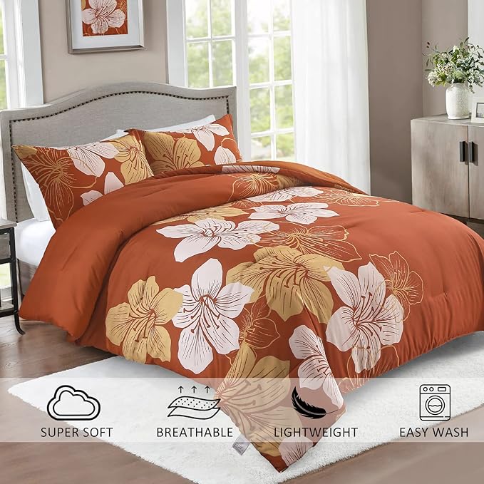 Menghomeus Burnt Orange Comforter Set Queen Gold Floral Comforter Terracotta Botanical Bedding Sets Soft Microfiber Thanksgiving Bed Comforter Set for All Season (1 Comforter, 2 Pillowcases)