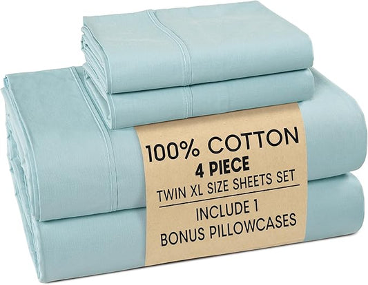 Casa Platino Twin XL Sheets Sets – 100% Cotton Twin XL Sheets Cooling with 2 Pillowcases, 15" Deep Pocket Fitted Sheet, Crisp & Smooth Feel, Ultra Soft & Cozy, Fit – Blue Sky