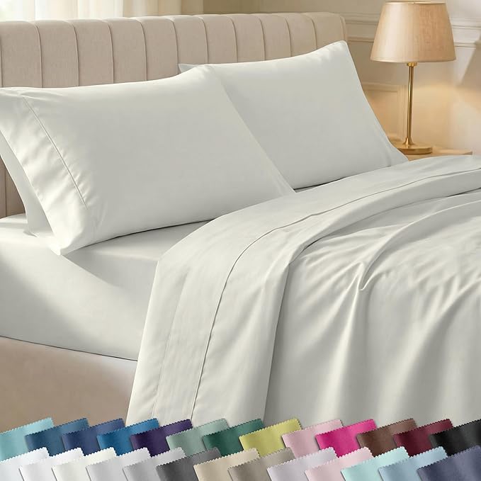California Design Den 6-Pc Queen Size Sheet Set with 4 Pillowcases - 400 Thread Count 100% Cotton Sheets, Sateen Weave, Deep Pocket Bedsheets Set - Ivory (Pale Tone)