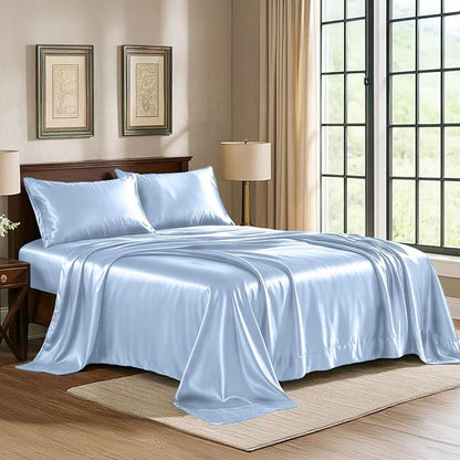 Satin Sheets Queen [4-Piece, Baby Blue] Hotel Luxury Silky Bed Sheets - Extra Soft 1800 Microfiber Sheet Set, Wrinkle, Fade, Stain Resistant - Deep Pocket Fitted Sheet, Flat Sheet, Pillow Cases