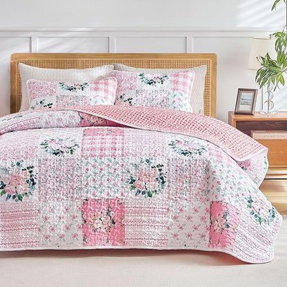 Joyreap 3 Pieces Floral Patchwork Quilt Set California King, 102x114 inches- Pink n White Flowers Design, Smooth Soft Microfiber Quilt, Bedspread Bed Cover for All Season