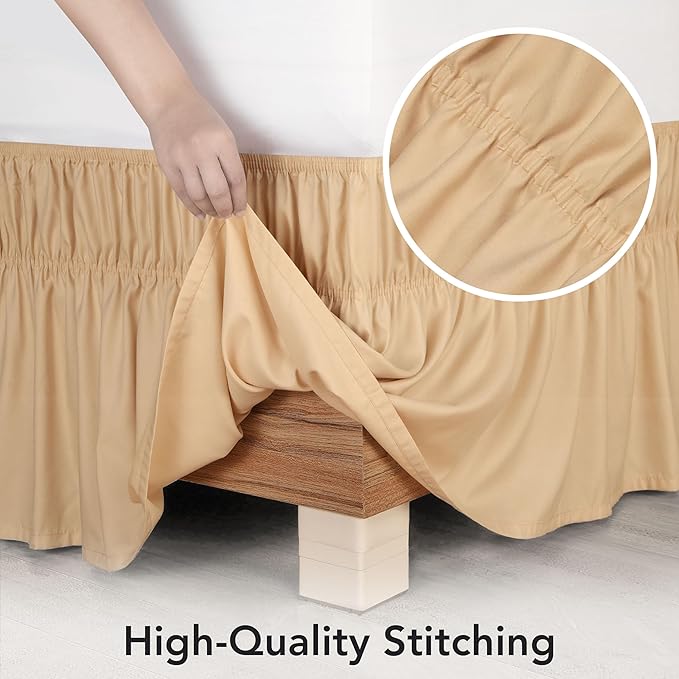 Wrap Around Ruffle Queen Size Bed Skirt – Adjustable Buckle & Elastic Belt for Easy Installation, 16 Inch Drop – Brushed Microfiber - Machine Washable, Fade and Wrinkle Resistant, Beige