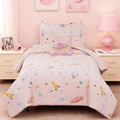 Twin Comforter Set for Girls - 3 Pieces Space Twin XL Bedding Set with 1 Comforter, 1 Decor Pillow, 1 Pillow Sham