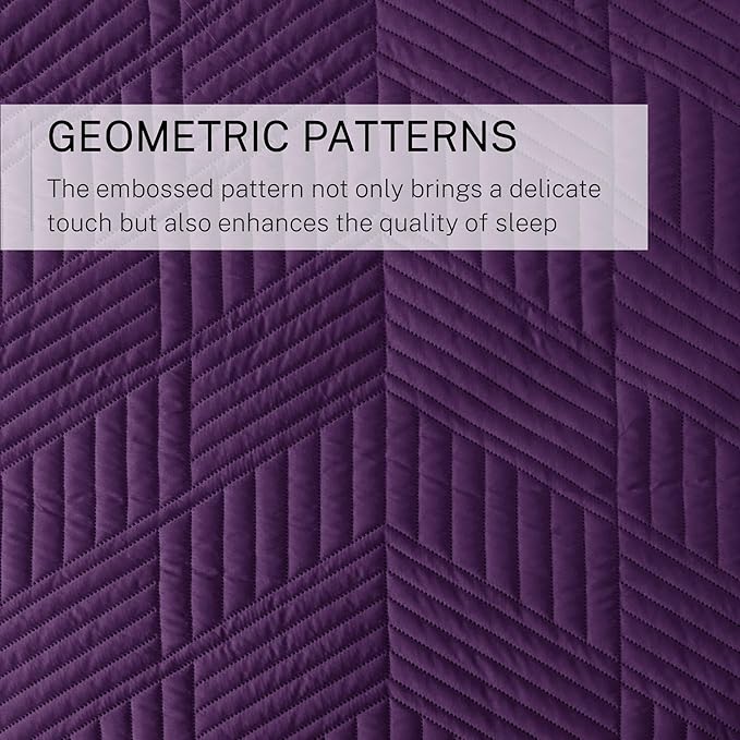 Exclusivo Mezcla Ultrasonic Twin Quilt Bedding Set, Lightweight Deep Purple Bedspreads Soft Modern Geometric Coverlet Set for All Seasons (1 Quilt and 1 Pillow Sham)