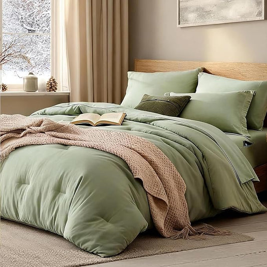 WRENSONGE Super King Plus Comforter Set - 7 Pieces Sage Green Soft Bed in a Bag Super King Plus with Fitted Sheet, Flat Sheet, 2 Pillow Shams, and 2 Pillowcases- Warm Bedding Sets for All Season