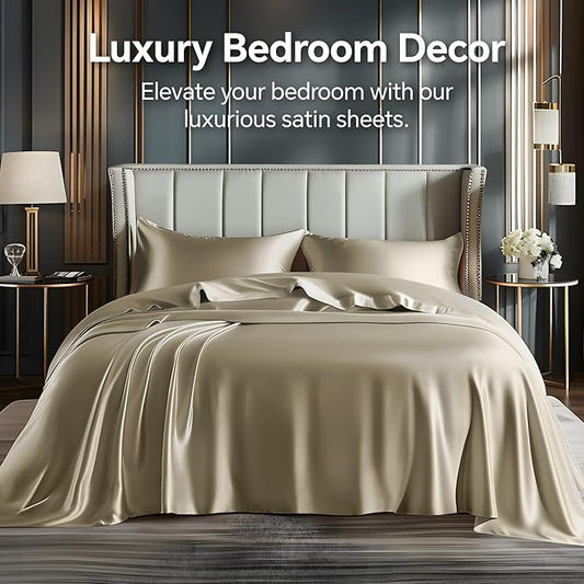 BEDELITE Satin Sheets Twin XL Size Bed Set, Luxury Soft Taupe Silky Sheets for Hair and Skin, Similar to Silk Bed Sheets Set 3 Pieces with 1 Deep Pocket Fitted Sheet, 1 Flat Sheet, and 1 Pillowcase