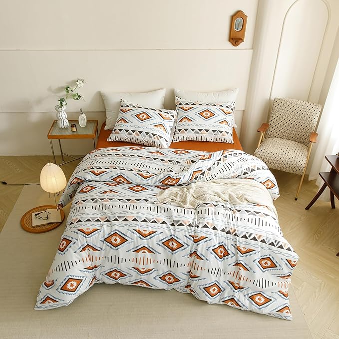 Houseri Orange and Brown Boho Comforter Set Queen Geometric Mocha Blue Diamonds Artistic Bedding Sets Queen Size Women Men Earth Tone Bohemian Triangle Farmhouse Retro Fashion Bed Quilt Blankets Queen
