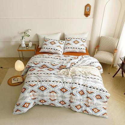 KAREVER Boho Comforter Twin Aztec Bedding Set Southwest Theme 3 PCs Bohemian Comforter Set White Twin Size Comforter (68x90 Inches) with 2 Pillowcases (26x26 inches)