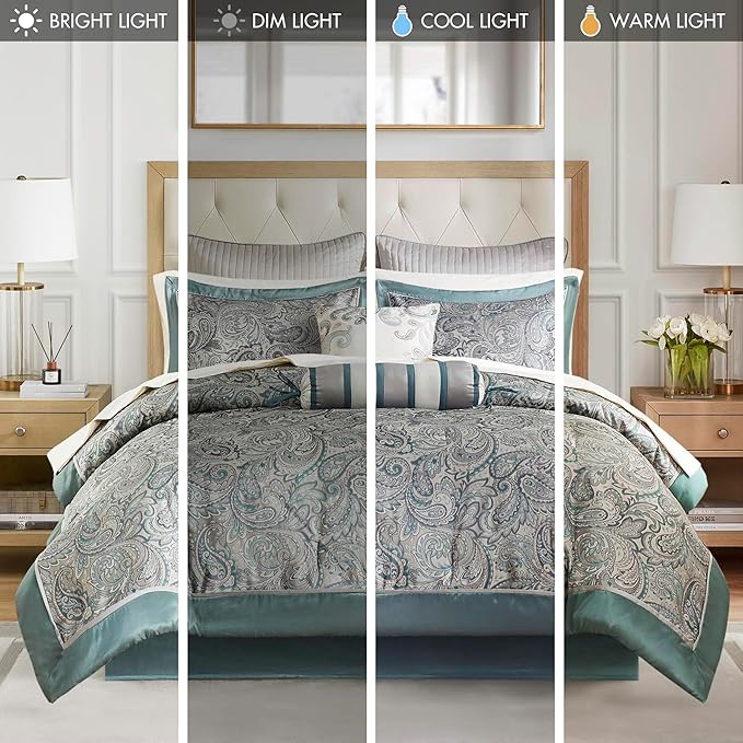 Madison Park Aubrey Cozy 12 Piece Comforter Set & Sheet, Luxe Faux Silk Jacquard Paisley Design - All Season Down Alternative Bedding with Cotton Bed Sheets, Bedskirt, Toss Pillows, King Teal