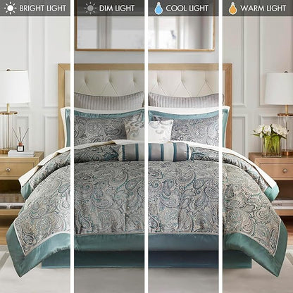 Madison Park Aubrey Cozy 12 Piece Comforter Set & Sheet, Luxe Faux Silk Jacquard Paisley Design - All Season Down Alternative Bedding with Cotton Bed Sheets, Bedskirt, Toss Pillows, Queen Teal