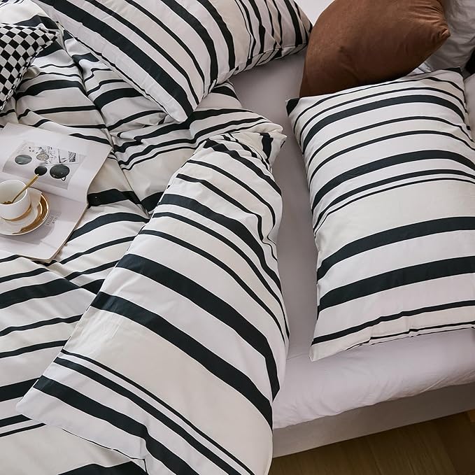 Merryword Black and White Striped Duvet Cover Set King Size - 100% Cotton Duvet Cover Set with Vertical Stripe Design, Soft Breathable Comforter Cover for All Seasons