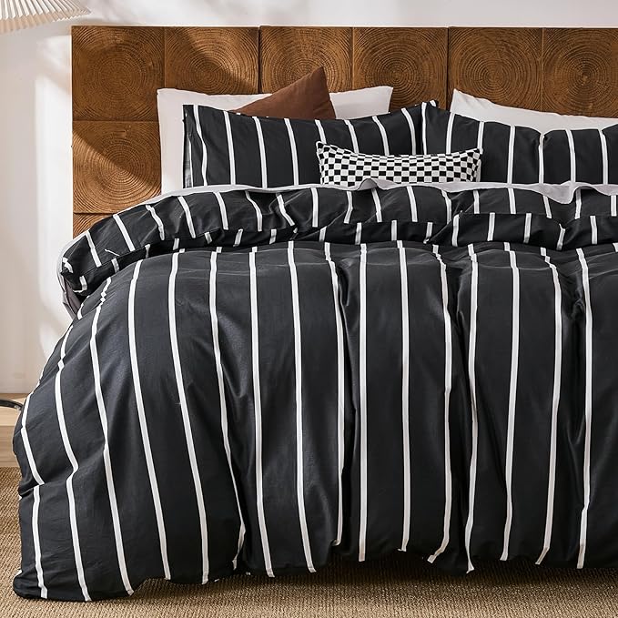 Merryword Black and White Striped Duvet Cover Set Queen Size - 100% Cotton Bedding Set 3 Pieces, Soft Breathable Comforter Cover with Pillowcases, Minimalist Chic Aesthetic Bedding Set for All Seasons