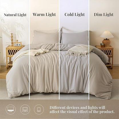 MILDLY Super Soft Duvet Cover - 100% Washed Microfiber Linen Grey Comforter Cover Set 3 Pieces with Zipper Closure & Corner Ties (No Comforter)