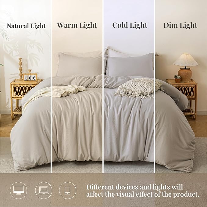 MILDLY Super Soft Duvet Cover - 100% Washed Microfiber Linen Grey Comforter Cover Set 3 Pieces with Zipper Closure & Corner Ties (No Comforter)
