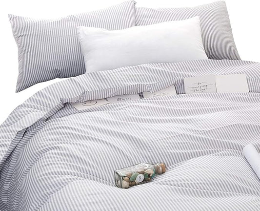 Wake In Cloud - Striped Cotton Duvet Cover Set, Ticking Stripe Pinstripe Farmhouse, 100% Cotton Bedding Set, 3 Pieces, Gray White, King Size