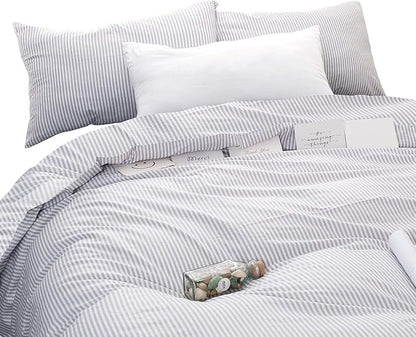 Wake In Cloud - Striped Cotton Duvet Cover Set, Ticking Stripe Pinstripe Farmhouse, 100% Cotton Bedding Set, 3 Pieces, Gray White, Queen Size
