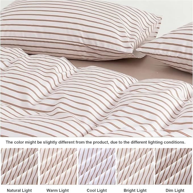 Bedbay Beige Striped Duvet Cover Set King Size, 100% Cotton Sateen Bedding, Soft & Breathable Neutral Bedding Set, Modern Farmhouse Style, 3 Pcs Striped Comforter Cover with Zipper & Corner Ties