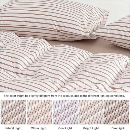 Bedbay Beige Striped Duvet Cover Set King Size, 100% Cotton Sateen Bedding, Soft & Breathable Neutral Bedding Set, Modern Farmhouse Style, 3 Pcs Striped Comforter Cover with Zipper & Corner Ties