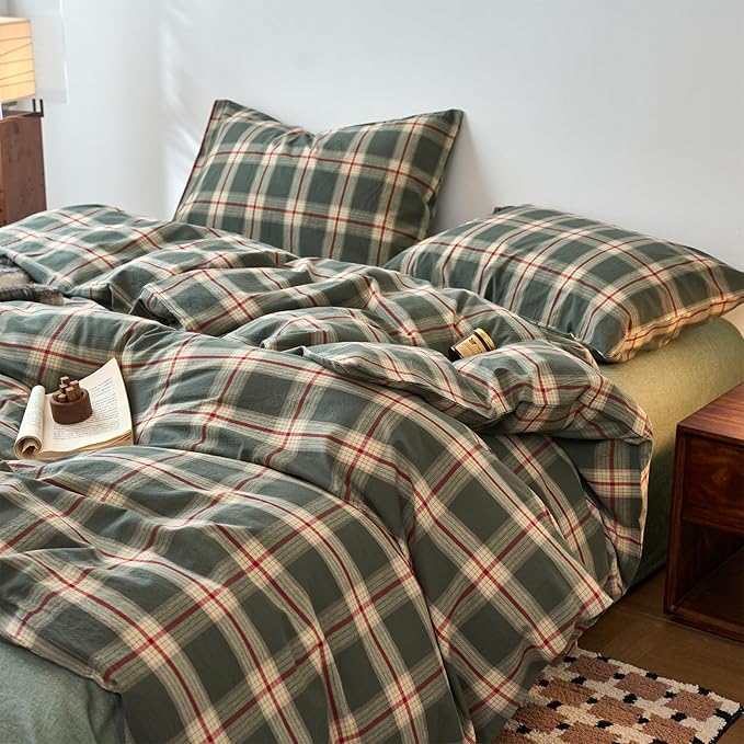 EAVD Vintage Green Buffalo Plaid Comforter Set Full Soft 100% Washed Cotton Retro Green&Red Grid Checkered Bedding Set with 2 Pillowcases Farmhouse Gingham Comforter Set for All-Season