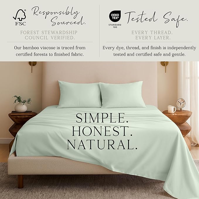 KARISSA MAE Cooling Bamboo Viscose Split King Sheet Set | 100% FSC Certified | 18” Deep Pocket | Silky, Soft, & Hypoallergenic | with Organizer Band & Elastic Corner Straps [Sea Glass]