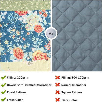 Cmfshape Summer Floral King Quilted Bedspread,Romantic Pink Quilt Set,Reversible Stitched Bedding Cover All Season,Soft Lightweight Coverlet with Pillow Cases (Yellow&Green, King(102"x90"))