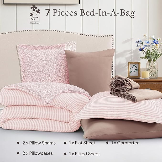Full Comforter Set - 7 Pieces Pink Gauze Muslin Bedding Sets for All Seasons, Lightweight Breathable Bed in a Bag Full with Revesible Farmhouse Comforter, Sheets, Pillowcases & Sham