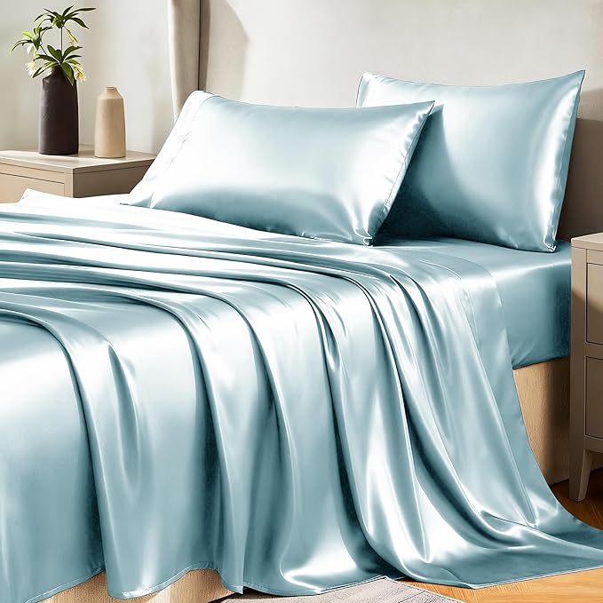 CozyLux Satin Sheets King Size Sheet Set - 4 Piece Silky King Sheets, Luxury Light Blue King Bed Set with Smooth and Soft Microfiber, Includes 1 Fitted Sheet, 1 Flat Sheet and 2 Pillowcases