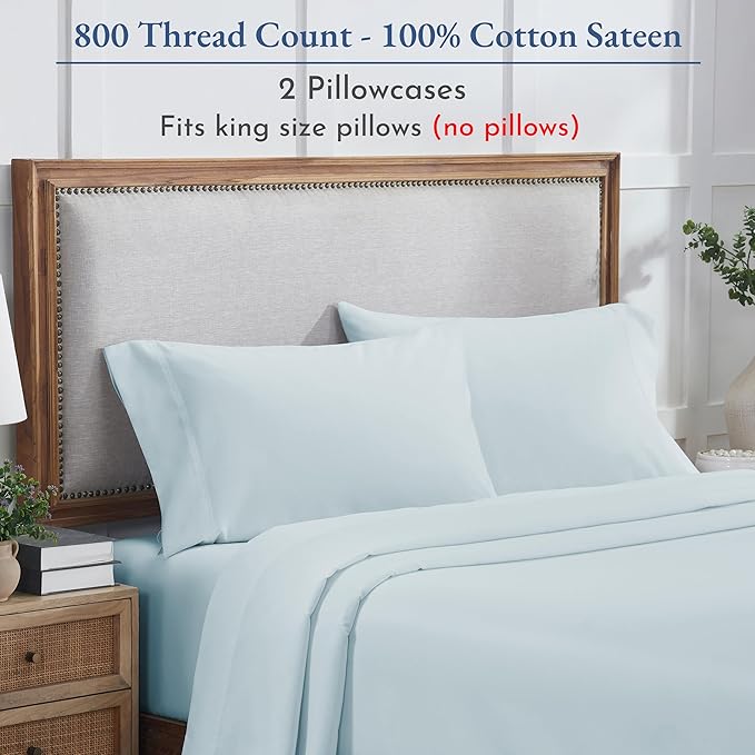 California Design Den King Pillow Cases Set of 2 - Luxuriously Soft and Thick 800 Thread Count, Smooth Sateen, Natural 100% Cotton Pillowcases King, Durable - Blue (Grey Tone)