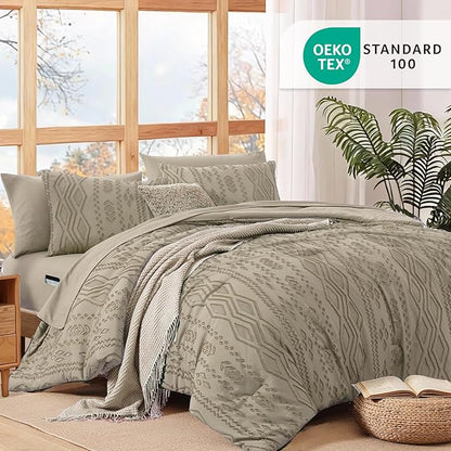 WRENSONGE Queen Comforter Set with Sheets - 7 Pieces Khaki Tufted Bed in a Bag Queen Shabby Chic Bedding Sets with 1 Comforter, 2 Sheets, 2 Pillowcases & 2 Shams