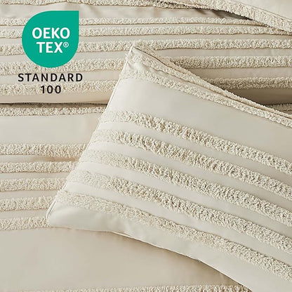 BEDELITE Boho Twin/Twin XL Comforter Set，Beige Tufted Striped Bed Set 2 Pieces, Soft Vintage Farmhouse Comforter for College, Boho Home Dorm Decor, Fluffy Jacquard Bedding with 1 Pillow Sham