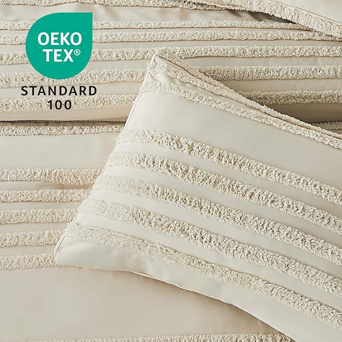 BEDELITE Boho Comforter Set Queen Size, Beige Tufted Boho Bed Set 3 Pieces, Soft & Lightweight Comforter for All Seasons, Jacquard Farmhouse Bedding Set with 2 Pillow Shams