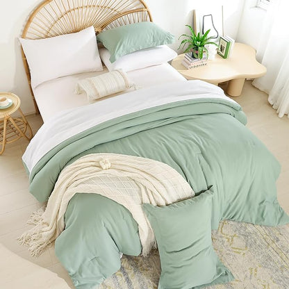 weigelia Bedding Set - 7pcs Sage Green Comforter Set for Queen Bed with Microfiber Sheets, Pillow Shams and Pillowcases - All Season Boho Style