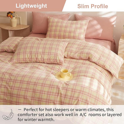 EAVD Vintage Style Gingham Comforter Set Queen Soft 100% Washed Cotton Retro Yellow&Pink Grid Checkered Bedding Set with 2 Pillowcases Reversible Geometric Plaid Comforter Set for All-Season