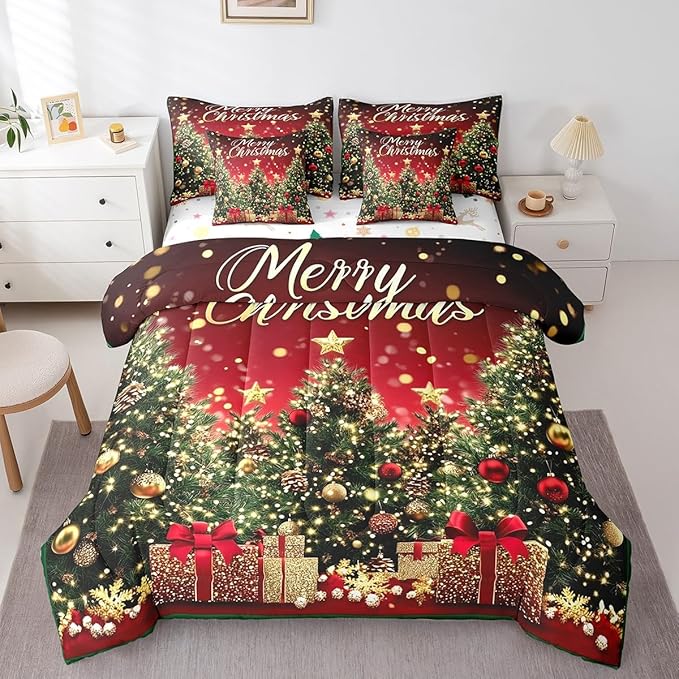 Castle Fairy Boys Girls Kids Xmas Trees Comforter Set 7 Pieces Reversible Bed Set,Happy New Year Bedding Bed in a Bag Soft,King (1 Comforter,2 Pillowcase,2 Pillow Covers,1 Flat Sheet,1 Fitted Sheet)
