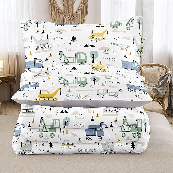 NINENINE Kids Construction Comforter Set Twin for Boys, 2-Piece Kids Bedding Reversible Lightweight Microfiber Excavator Comforter Set for Boys with 1 Pillowcase