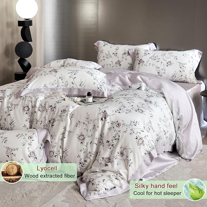 VM VOUGEMARKET Lilac Flower Duvet Cover Queen Silk-Like Smooth & Cool Eucalyptus Lyocell Duvet Cover with 2 Pillow Shams,Moisture Wicking Cooling Bedding Set for Summer-Queen,Purplish Grey