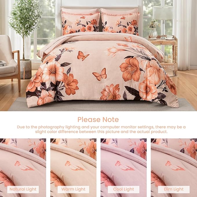 Floral King Size Comforter Set,7 Piece Orange Bed in a Bag, Elegant Flower Pattern Comforter Set with Sheet, Soft Microfiber Complete Bedding Sets for All Season