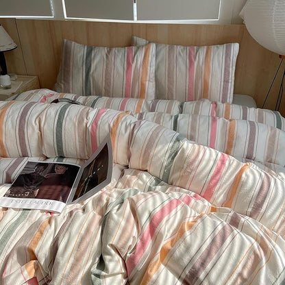 EAVD Retro Striped Duvet Cover Queen Size Colorful Soft 100% Washed Cotton 3-Piece Vintage Stripe Bedding Set with 2 Pillowcases Reversible Farmhouse Geometric Pattern Duvet Cover with Zipper Closure