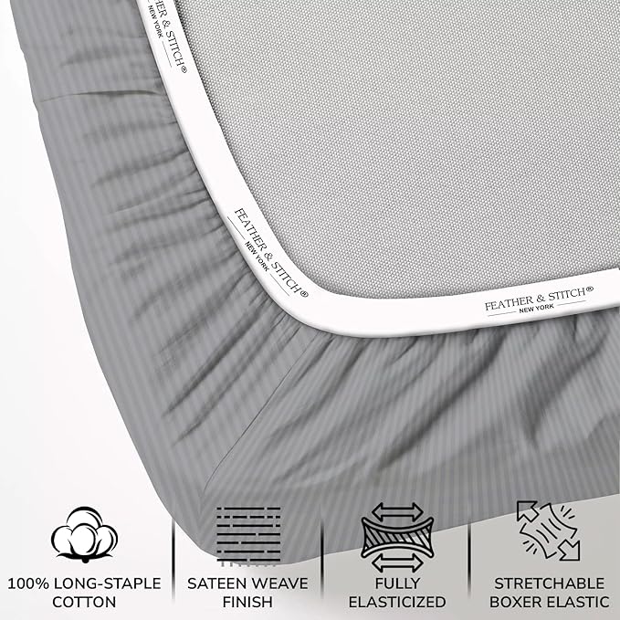 Feather & Stitch 500 TC Split King Size Sheet Set, 5 Piece Bed Sheets Set-2 Twin Fitted Sheet, 1 King Flat Sheet & 2 King Pillowcases, 18" Deep Pockets Sateen Weave Striped Bedsheet - (Grey Stripe)