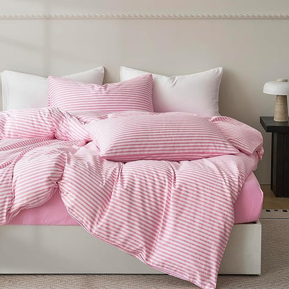 JELLYMONI King Duvet Cover Set, Cotton Duvet Cover 2 Pieces with Zipper Closure, 1 Duvet Cover and 2 Pillowcases(Pink with White Striped)