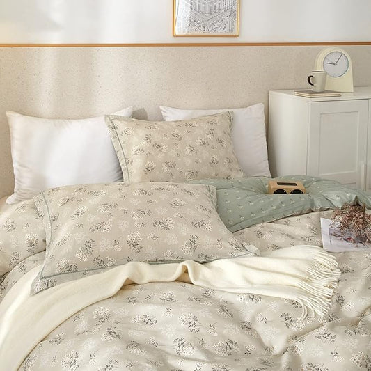 VM VOUGEMARKET Floral Bedding Twin Reversible Gray Beige Flower Duvet Cover Set,Cottagecore Duvet Cover Matching 2 Pillowcases 100% Cotton Chic Girls Bedding Set -Twin(68"x86")
