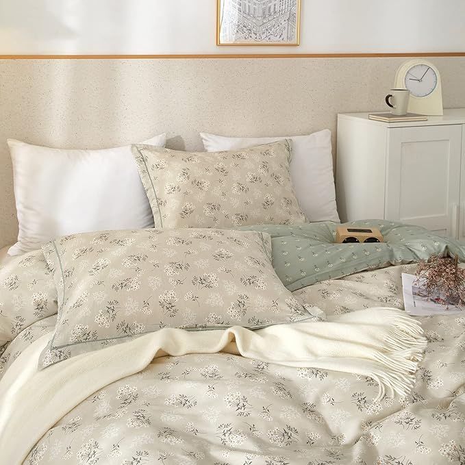VM VOUGEMARKET Cotton Duvet Cover Set King,Grey Green Flower Duvet Cover Matching 2 Pillow Shams,Aesthetic Garden Style Bedding Set for Girls Women- 104"x90",Grey Green