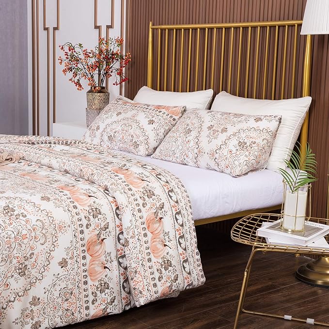 CLOTHKNOW Light Brown Floral Queen Comforter Set Botanical Bedding Comforter Sets Boho Comforter Pumpkin Comforter Queen with 2 x Pillow Cases