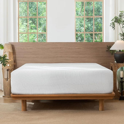 MooMee Fitted Bottom Sheet Only 100% Washed Cotton Linen Like Textured Breathable Durable Soft Comfy Deep Pocket Fits Mattress up to 17" (White Dark Grey Wide Stripes, King)
