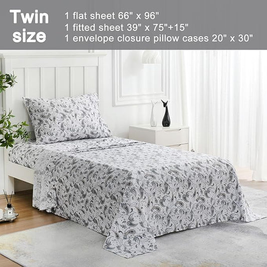 JSD Grey Paisley Printed Sheet Set Twin Size, 3 Piece Soft Retro Pattern Microfiber Sheets Extra Deep Pocket