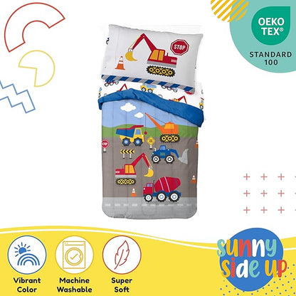 Sunny Side Up Construction Zone Toddler Comforter Set - 4 Piece Preschool Bedding Includes Comforter, Sheets & Pillow Cover - Super Soft Vehicles Microfiber Bed Set