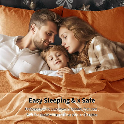 LBRO2M 100% Pure Linen Sheet Set Deep Pocket Up to 16" Bed Sheets Sets, Natural Flax Beddings Soft, Breathable, Comfortable for All Seasons 4 Pcs Sheet Set King Size, Orange