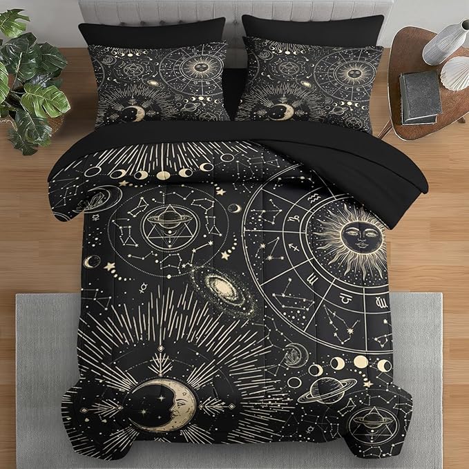 Comforter Set King Size, Sun Moon Astrology 7 Pcs Bedding for Kids and Adults, Space Science Galaxy Retro Bed Sheet Sets with Fitted Sheet 2 Pillowcases & 2 Shams for Bedroom Bed Decor