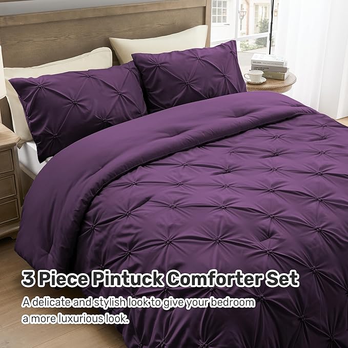 UNIKOME Queen Comforter Set Purple - Ultra Soft Boho Pintuck Down Alternative Bedding Set for All Seasons, 3 Pieces Lightweight Warm Pinch Pleat Bed Set with Comforter, 2 Pillowcases