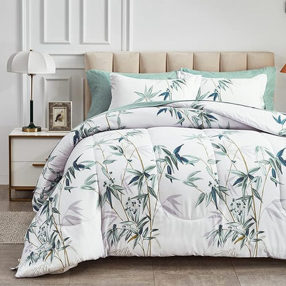 6 Pieces Bed in a Bag Twin Comforter Set with Sheets, Green Leaves on White Botanical Design Bedding Sets for Kids (1 Comforter, 2 Pillow Shams, 1 Flat Sheet, 1 Fitted Sheet, 1 Pillowcases)
